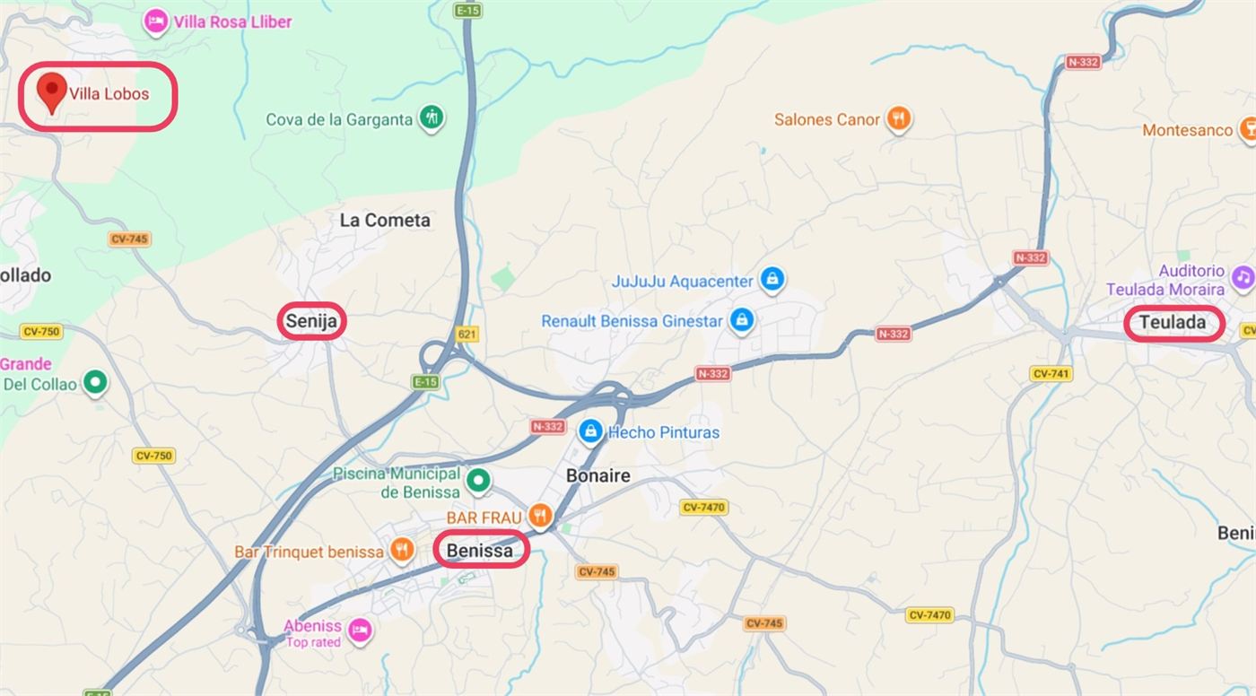 Map showing the location of Wolf Moon Therapies at Villa Lobos in Lliber, between Jalón, Benissa and Moraira