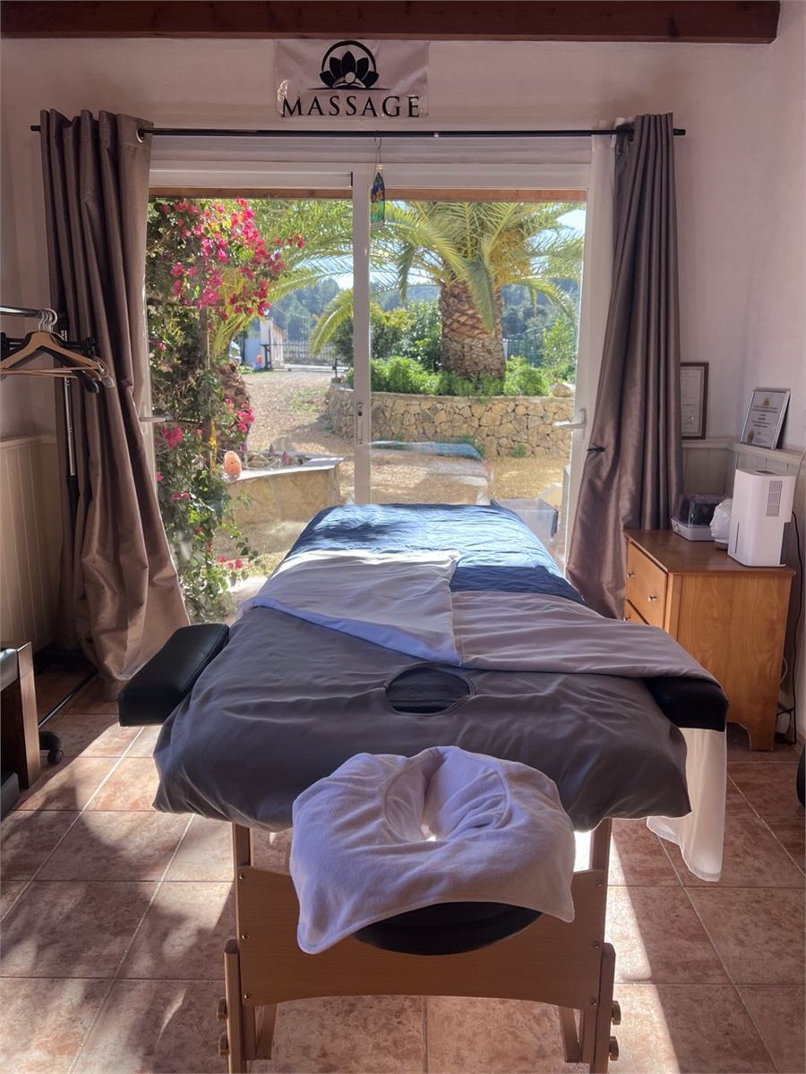 Treatment room at Wolf Moon Therapies in Lliber, looking out over the garden